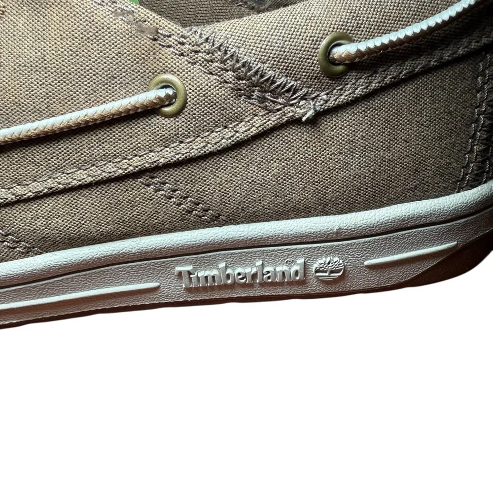 Timberland Boat Shoes Men's 9.5 Canvas Moc Toe Slip On Loafers Beige 56286